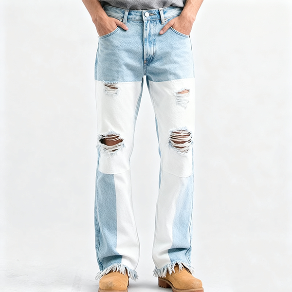 Two-Tone Distressed Light Blue & White Denim Jeans
