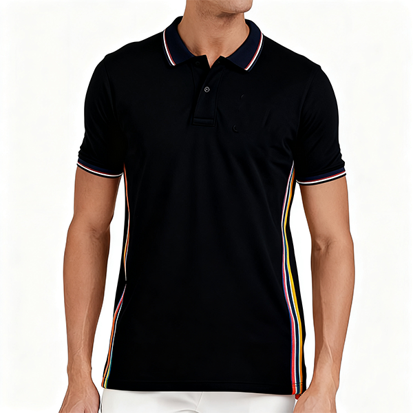 Black Polo Shirt with Rainbow Side Stripes
