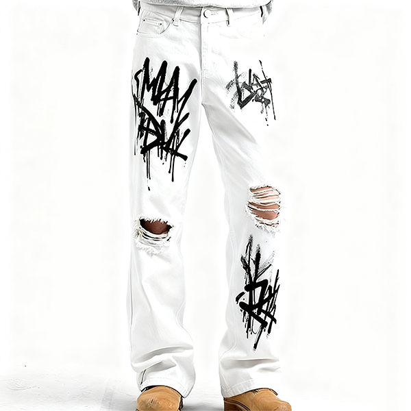 White Denim Jeans with Black Graffiti & Rips