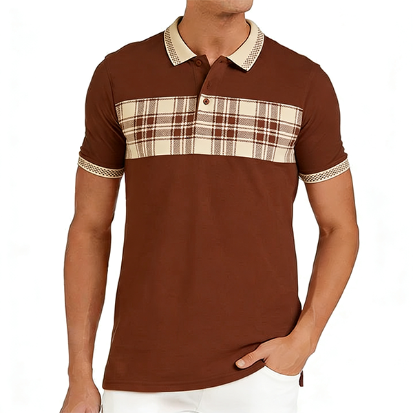 Brown & Beige Plaid Panel Polo Shirt