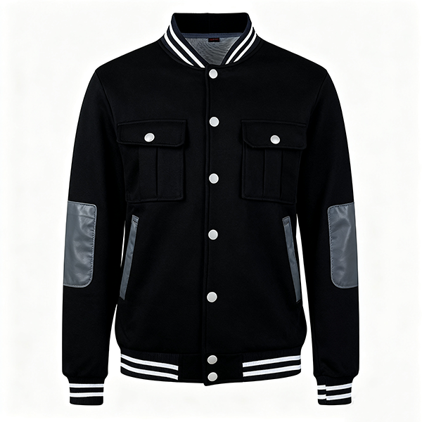 Black Baseball Jacket with Gray Leather-Elbow Patches