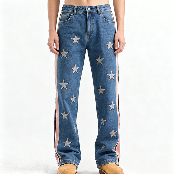 Blue Denim Wide-Leg Pants with Star Embroidery