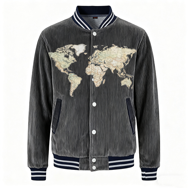 Gray Corduroy World Map Print Baseball Jacket