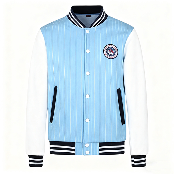Light Blue Striped Emblem Baseball Jacket
